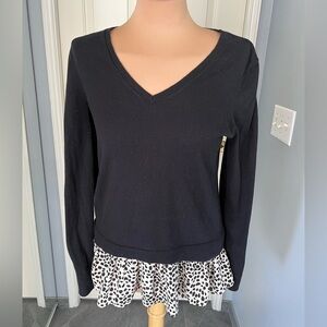 Loft Women's Mock Layer Black Sweater Top Size Small Pullover Leopard V Neck